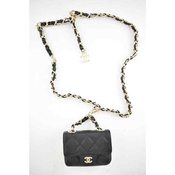 Chanel 21B Black Caviar Mini Chain Classic Gold Card Belt Waist Necklace Bag - Picture 3 of 12